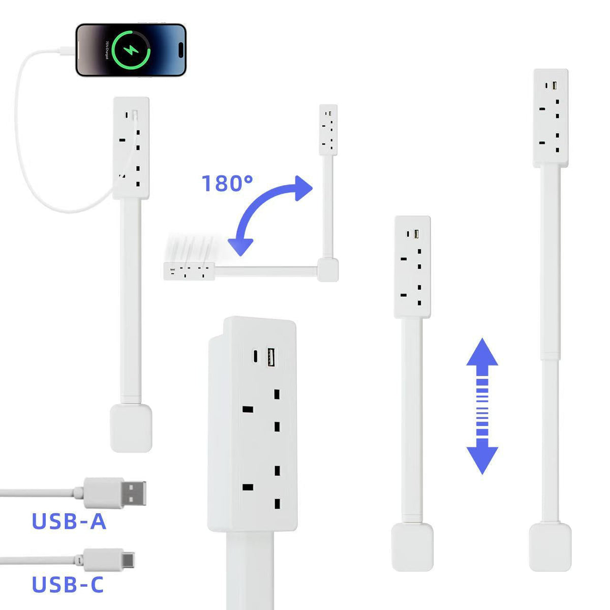 Extendable Outlet Extender with Rotating Base & USB-A/USB-C Charging