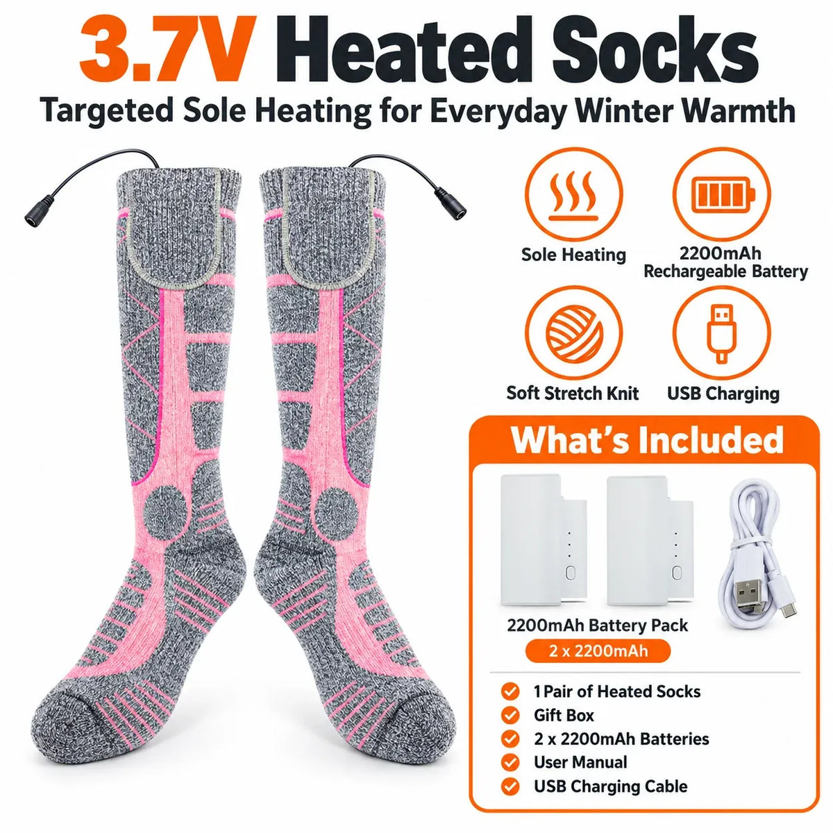 Rechargeable Heated Socks 3 Heat Levels & 2200mAh Batteries