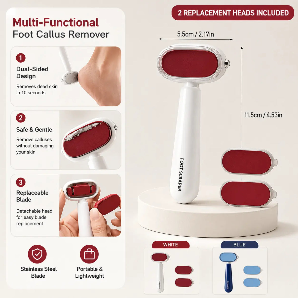 Smooth Heels Fast Dual-Sided Foot Callus Remover with Replaceable Stainless Steel Blade