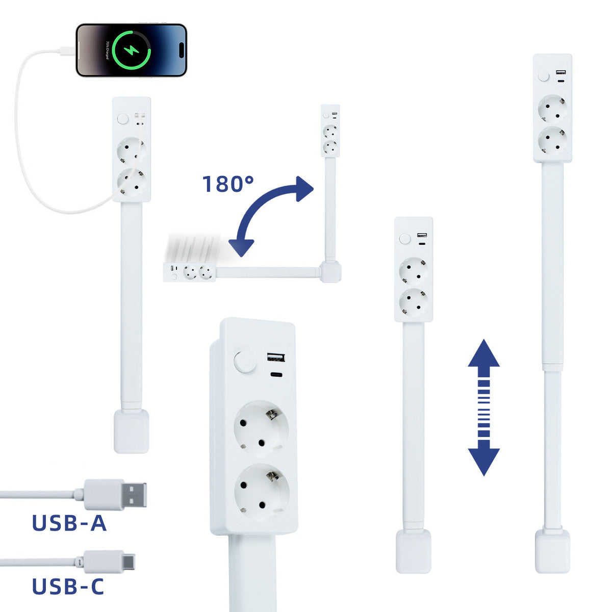 Extendable Outlet Extender with Rotating Base & USB-A/USB-C Charging