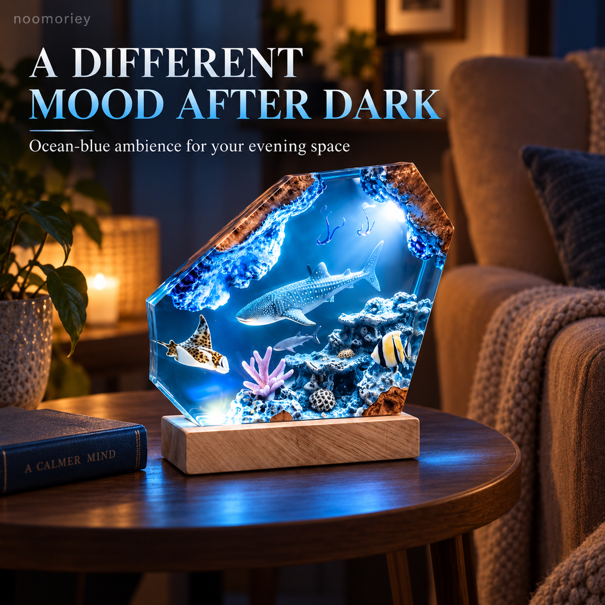 Ocean Scene Night Light Whale Shark Display with Wood-Grain Base