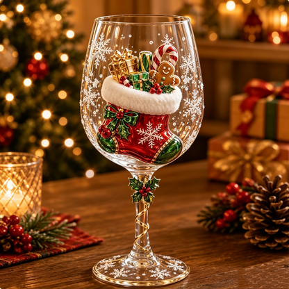 Christmas 3D Embossed Wine Glass Set, Premium Holiday Collection Ready to Gift Box