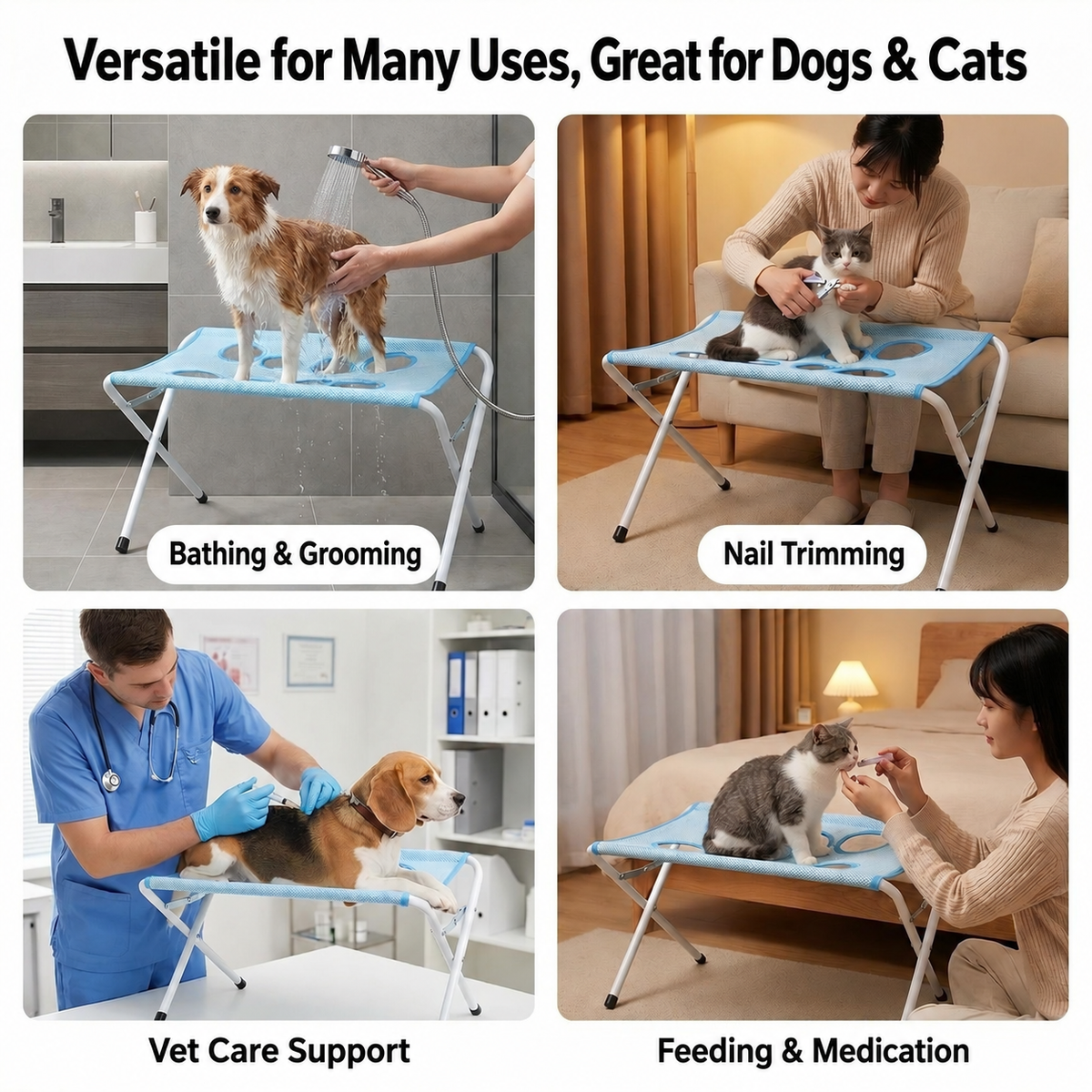 Foldable Pet Grooming & Bath Stand Hands-Free Washing, Trimming & Drying Table for Cats & Small Dogs