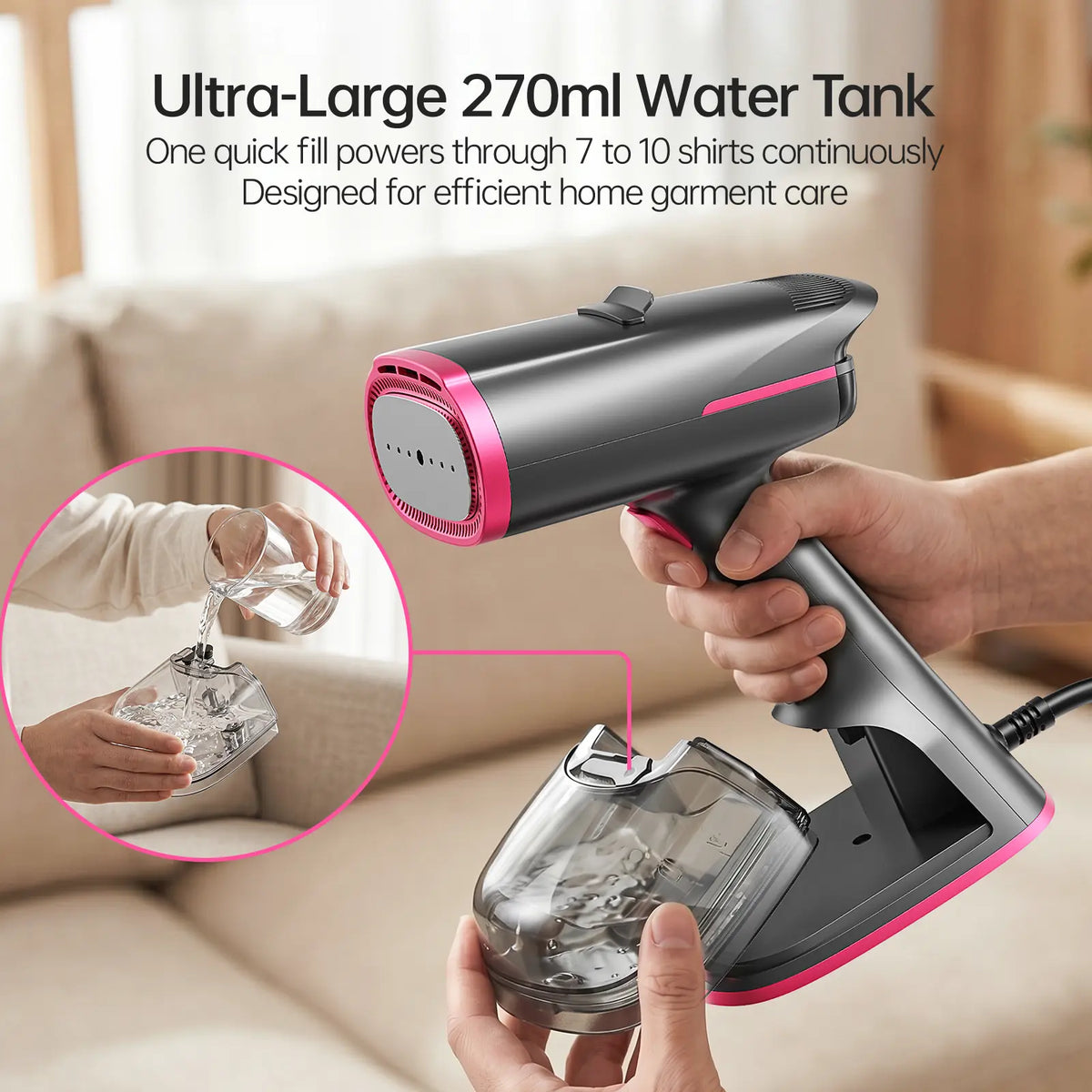 2-in-1 Vacuum Garment Steamer, Portable Handheld Clothes Steamer with 270ml Large Water Tank