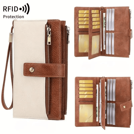 Women's long wallet, stylish clutch, elegant solid color RFID blocking leather wallet!