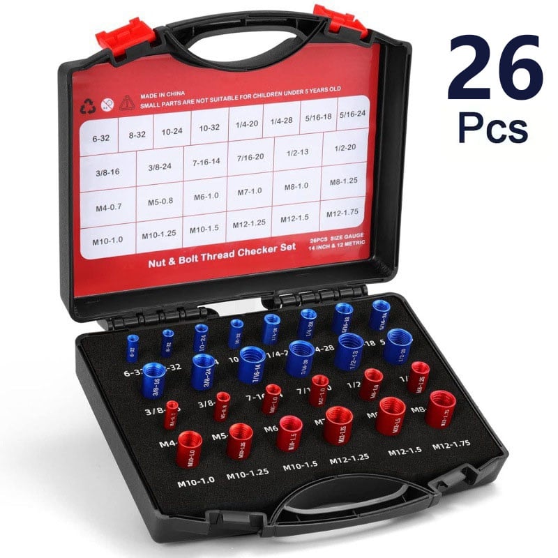 Portable Bolt & Nut Size Gauge 44-Piece Inch & Metric Thread Checker, Clear Markings, Stainless Steel, Tool Box Included