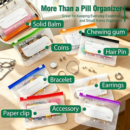 Waterproof A8 Pill Pouch Set, 14 Reusable Zippered Pill Bags