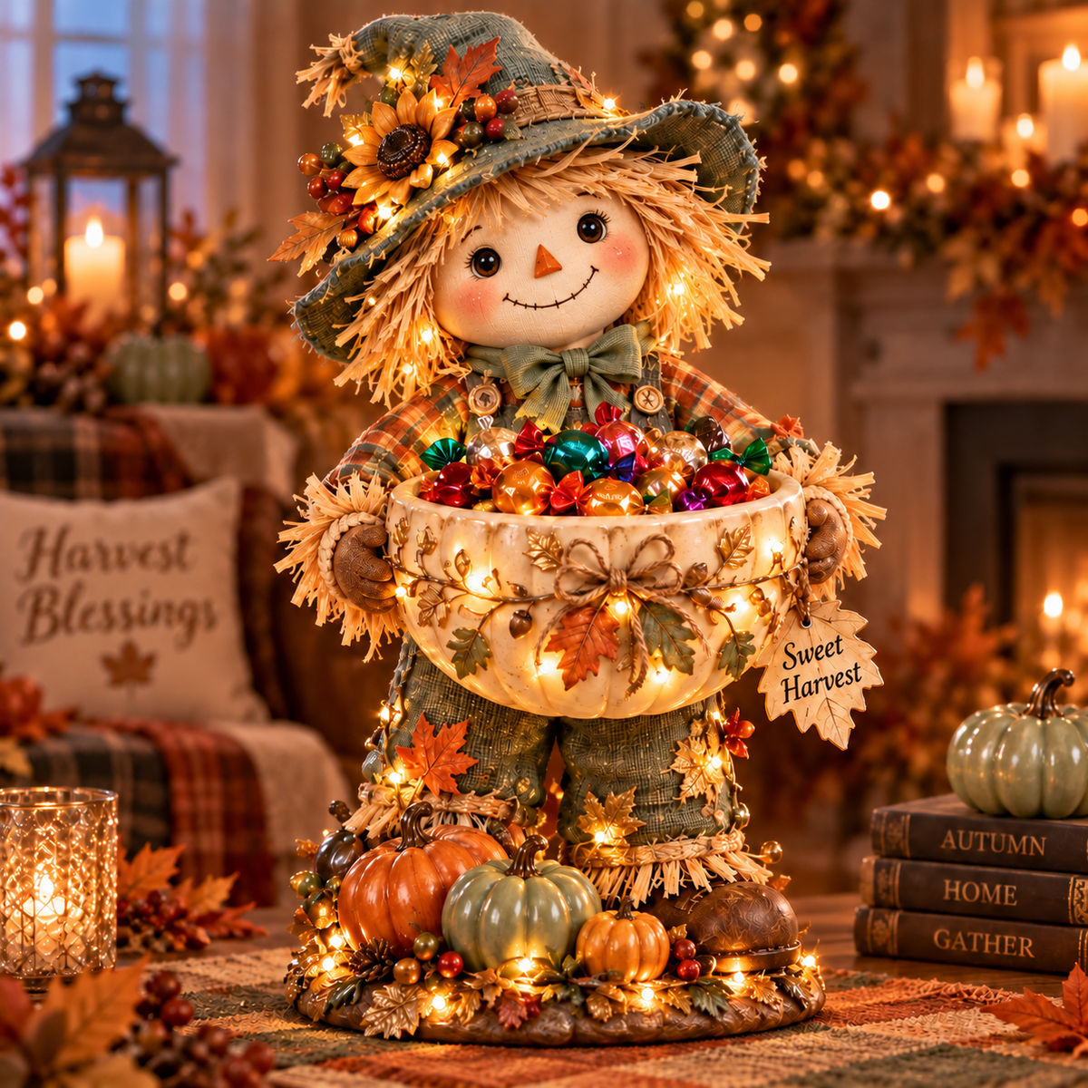 Harvest Glow Lighted Scarecrow Candy Bowl
