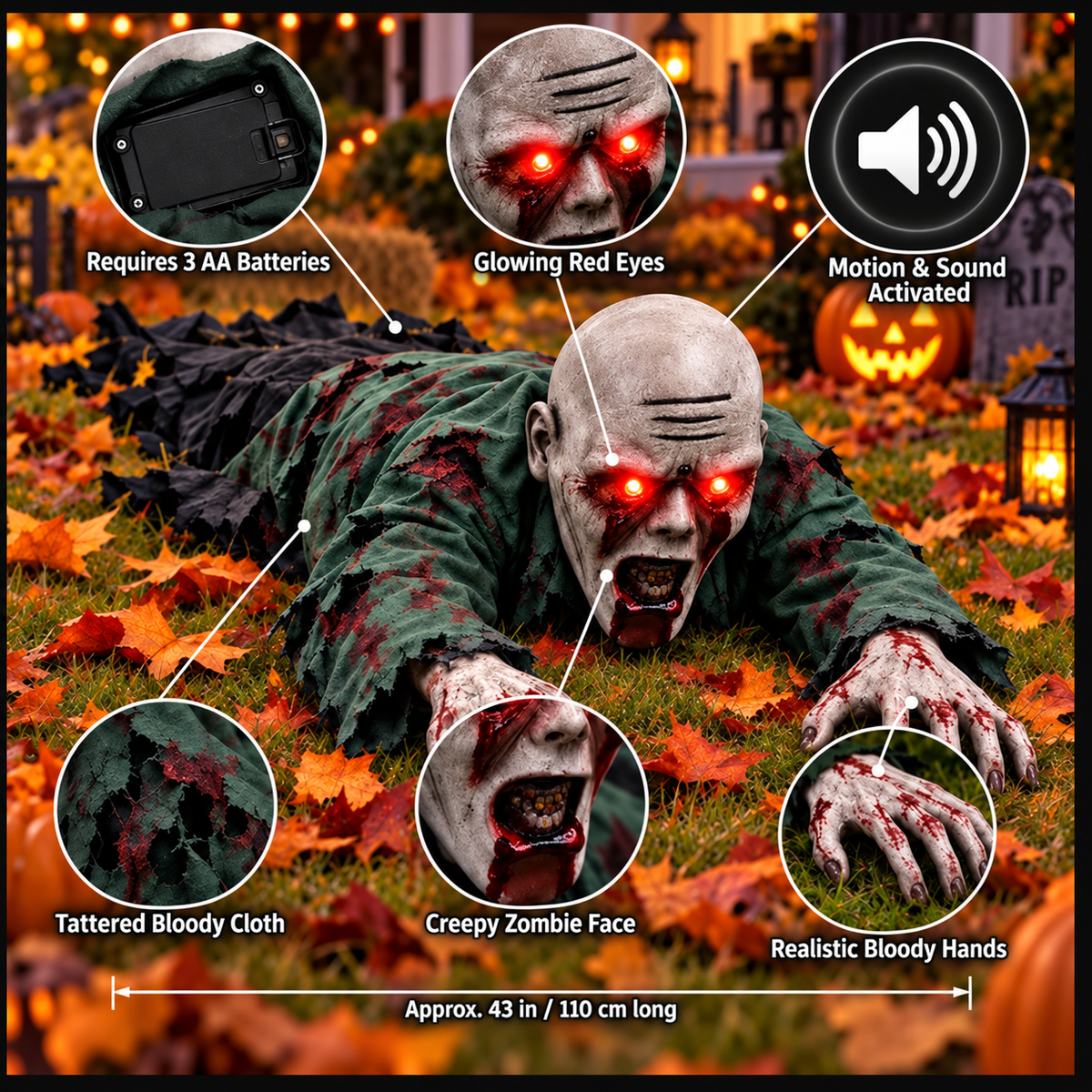 Crawling Zombie Halloween Porch Prop Glowing Red Eyes & Realistic Horror Decor