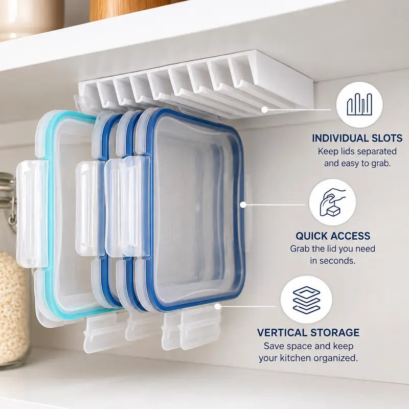 LidLoft 10-Slot Lid Organizer Home Storage Holder for Kitchen Cabinet, Drawer, Shelf, Wall Mount Use