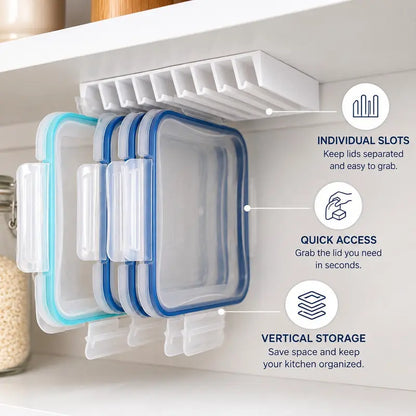 LidLoft 10-Slot Lid Organizer Home Storage Holder for Kitchen Cabinet, Drawer, Shelf, Wall Mount Use