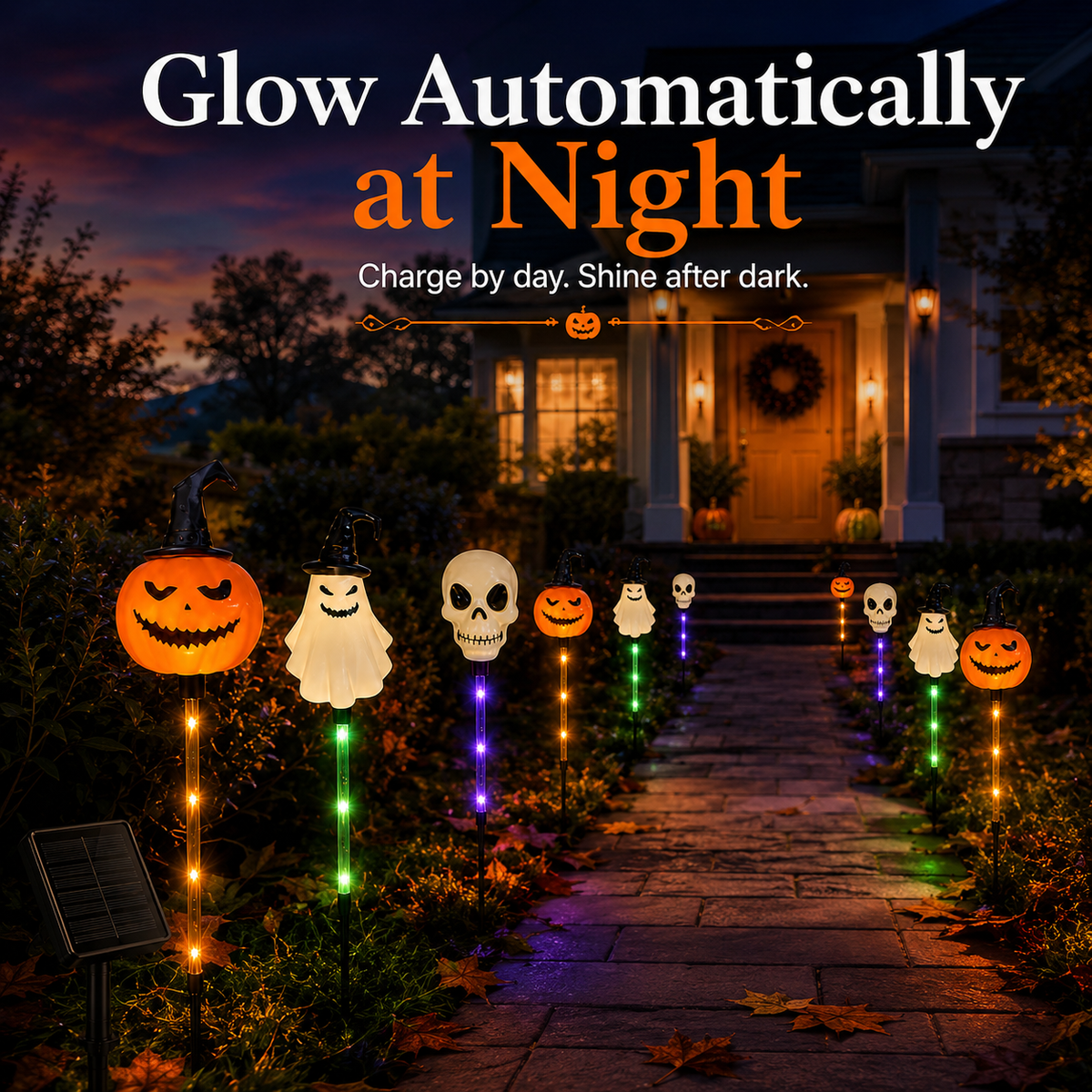 Solar Halloween Pathway Stake Lights with Pumpkins, Ghosts & Skulls