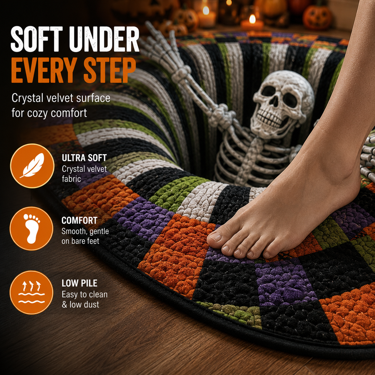 Halloween 3D Bottomless Illusion Rug Skeleton Pit Non-Slip Crystal Velvet Mat