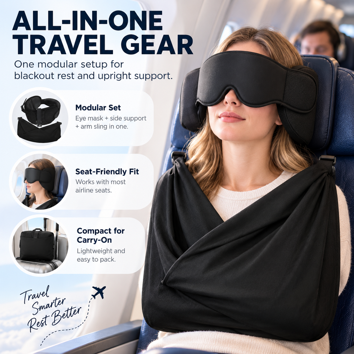 All-in-One Travel Neck Pillow, 3D Sleep Mask & Chin Support Set