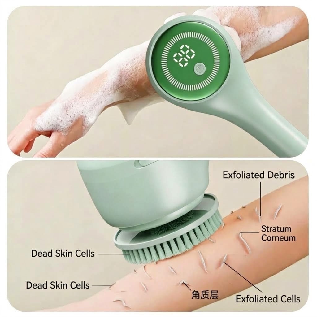 Electric Long Handle Shower Back Scrubber IPX Waterproof | 5 Brush Heads & 3 Speeds