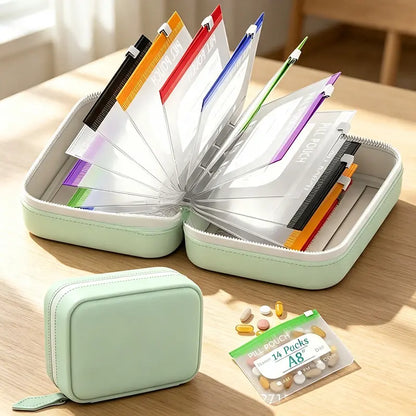 Waterproof A8 Pill Pouch Set, 14 Reusable Zippered Pill Bags