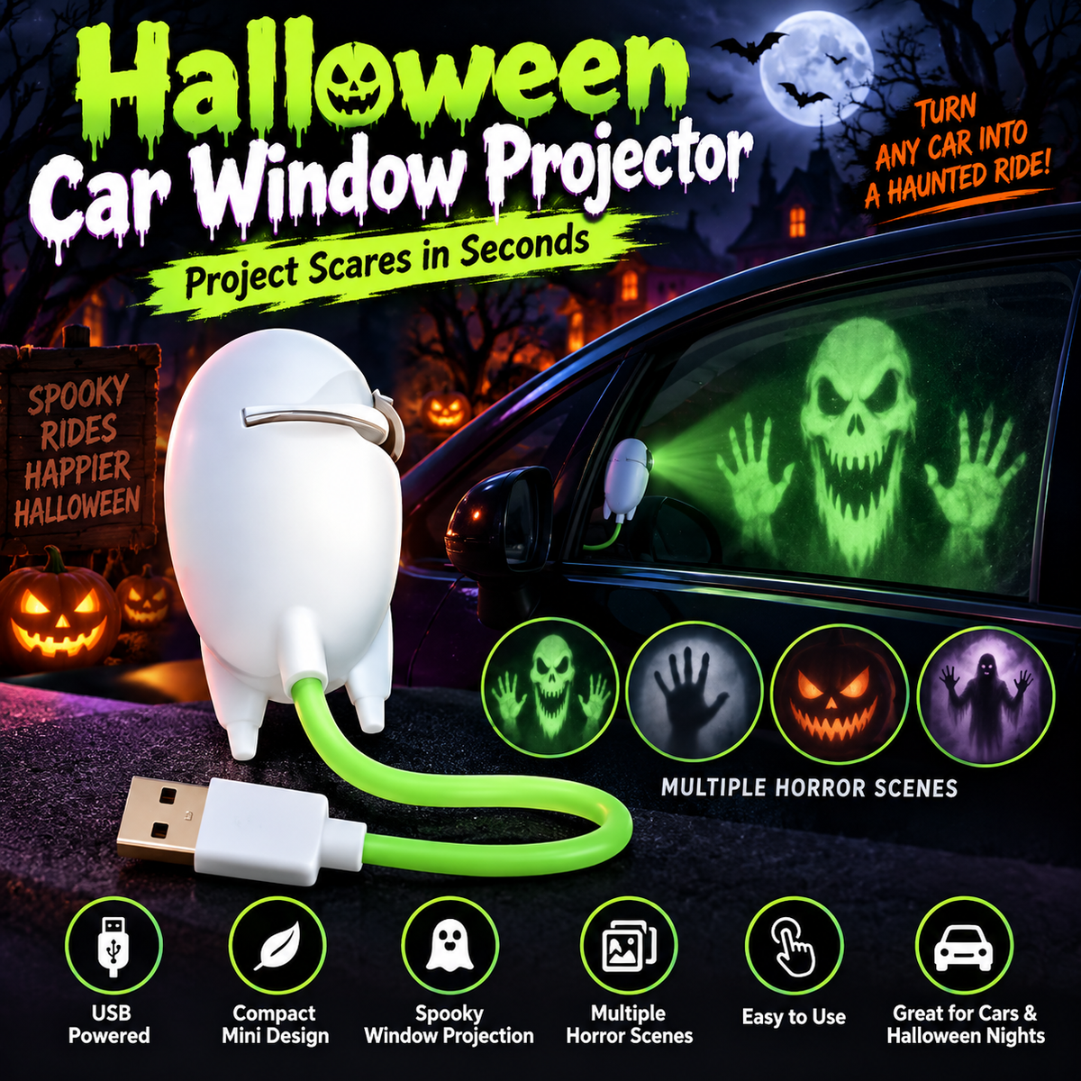 Halloween Car Window Projector USB-Powered Spooky Ghost Projection for Cars & Halloween Nights