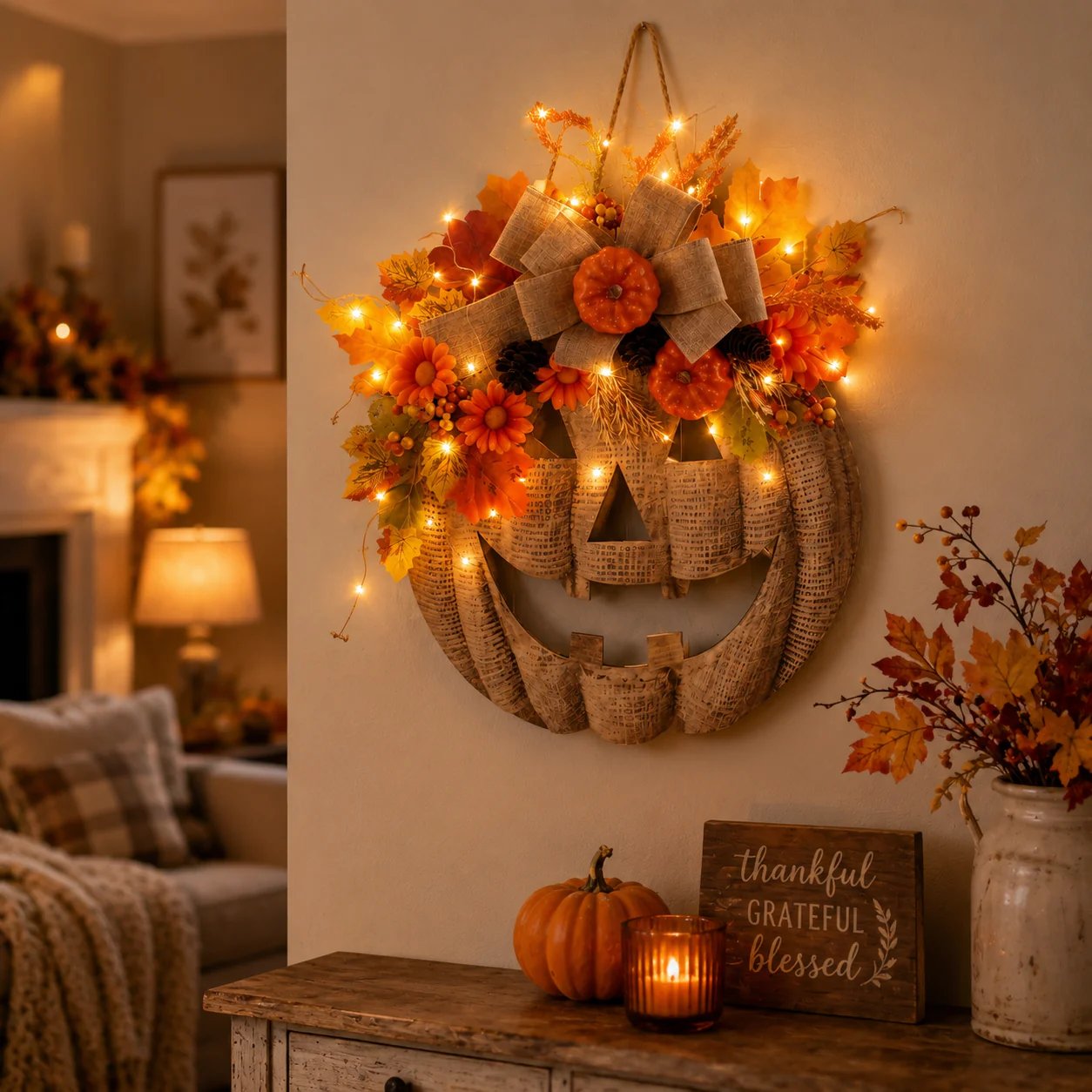 Lighted Burlap Pumpkin Wreath