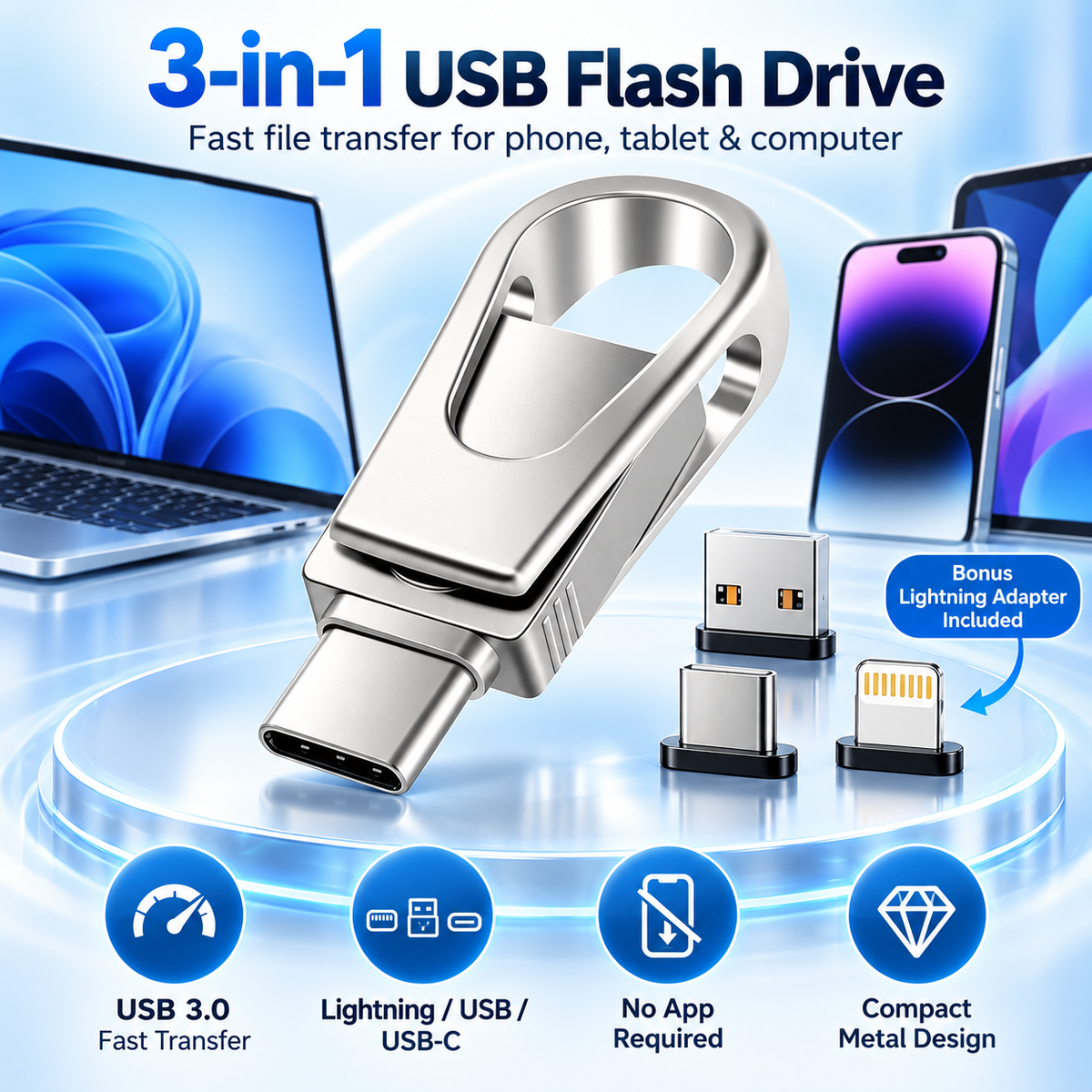 3-in-1 USB Flash Drive – USB 3.0 & Type-C OTG, High-Speed Phone & Computer Storage**
