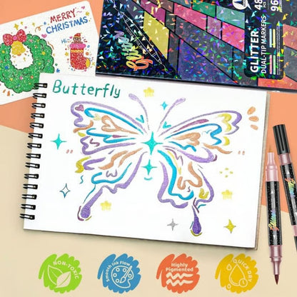 Glitter Effect Brush Markers: Create Sparkling Art Smoothly ( 24-96 Colors | Smooth No Clog | No Bleed Through )