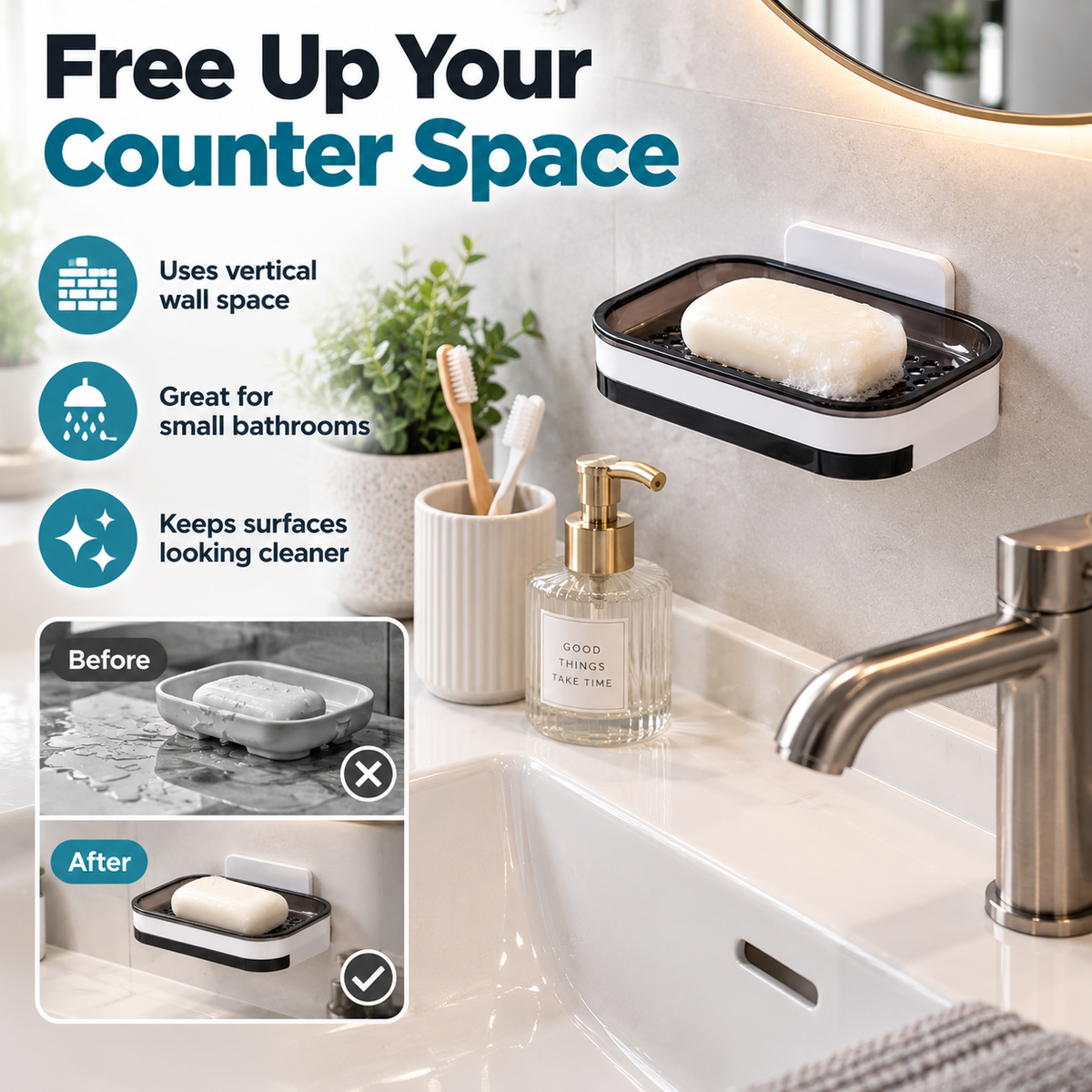 Wall-Mounted Self-Draining Soap Dish Space-Saving Double-Layer Bathroom Organizer