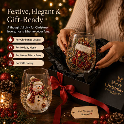 Christmas 3D Christmas Glass Art Cup | Luxury Raised Holiday Glassware for Drinks, Decor & Christmas Gifts