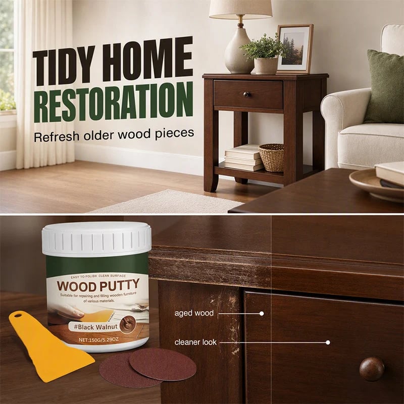 Wood Repair Filler Putty Fills Cracks & Chips, Smooths Surfaces, Blends with Dark Wood
