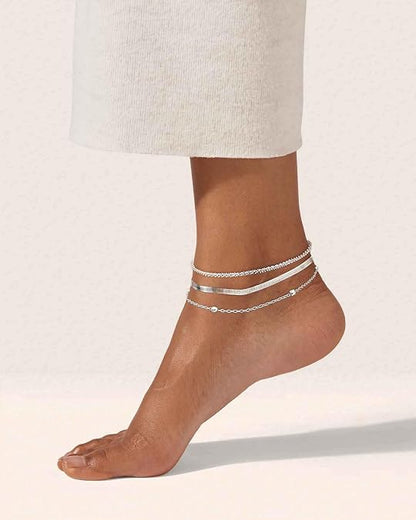 Women's Silver Ankle Bracelet Set - Dainty Layered Waterproof Sparkly Herringbone Beaded Rope Chain