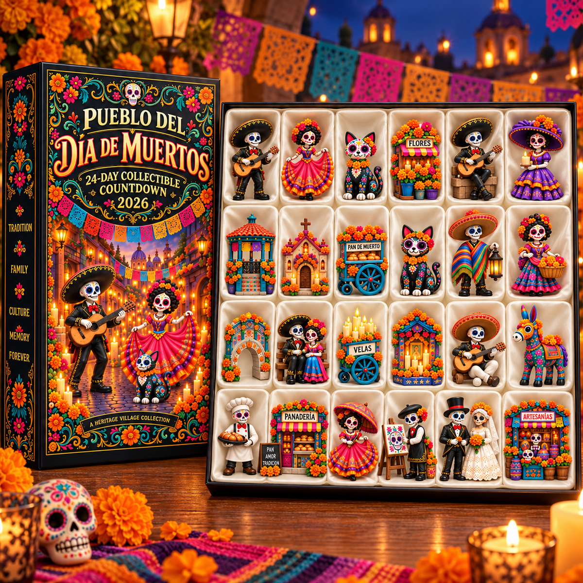 D a de los Muertos 24-Day Heritage Village Advent Calendar | Hand-Painted Mexican Keepsake