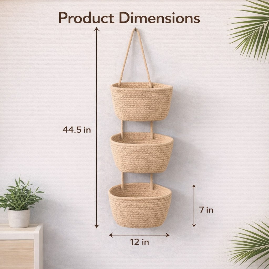 Woven cotton 3-Tier Over the Door Basket, Wall-Mounted Jute Storage Organizer
