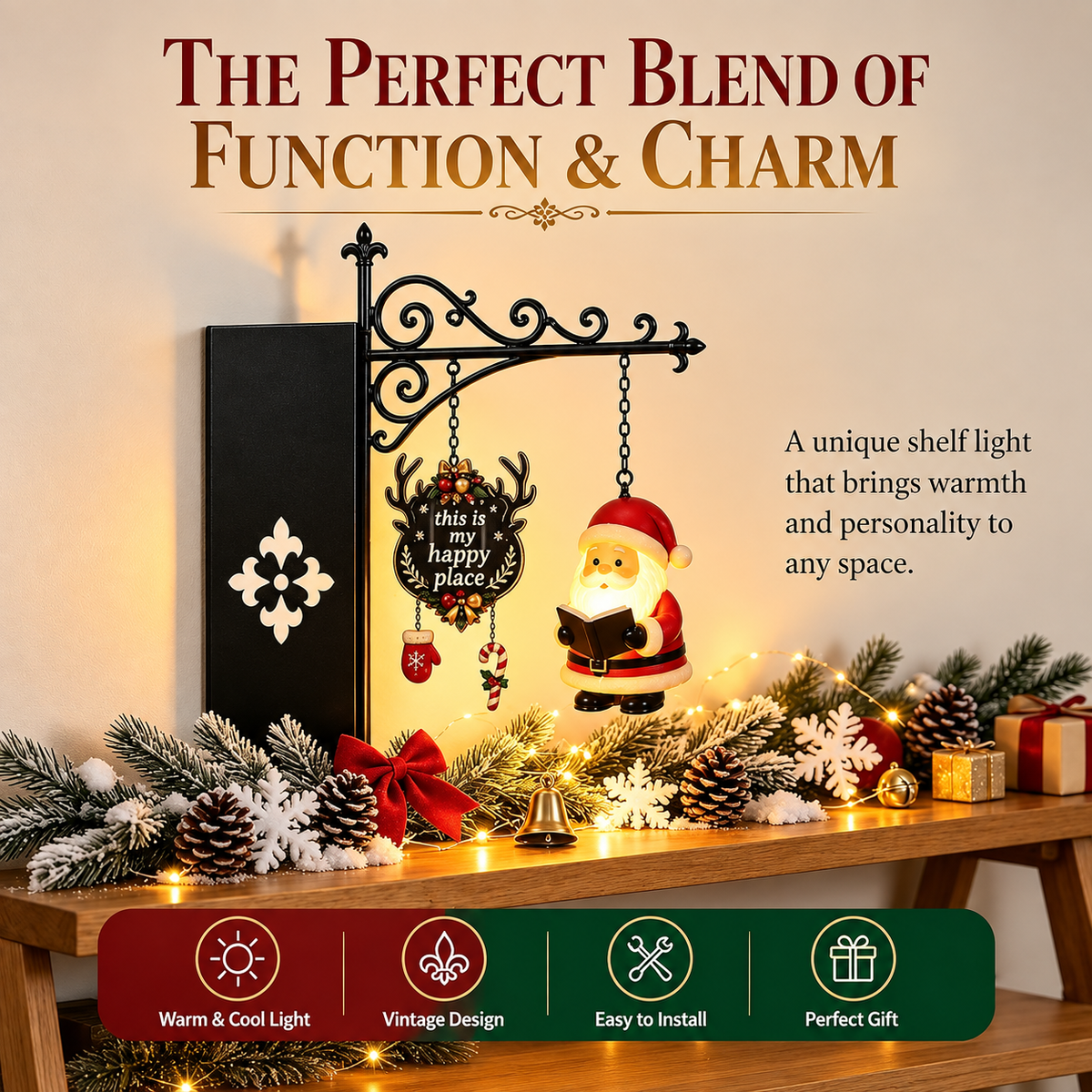 Hanging Style Xmas Shelf Lamp, Santa / Reindeer / Snowman For Cozy Reading Nook Holiday Styling