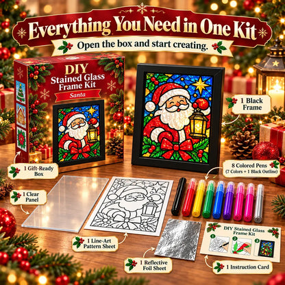Beginner-Friendly Christmas Stained Glass-Style Frame Kit | 8 Festive Designs with Pens, Foil & Frame