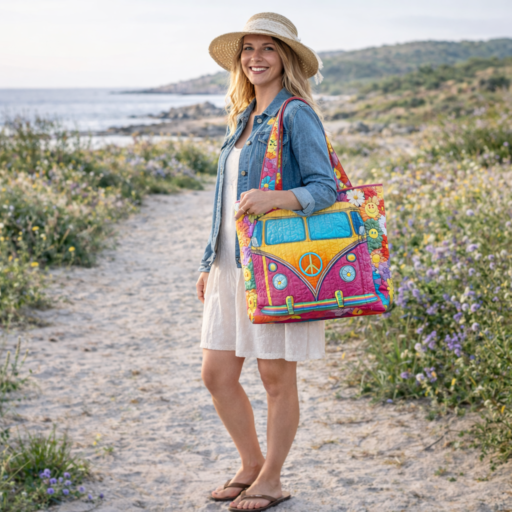 Retro Hippie Van Quilted Tote Boho Style Meets Everyday Function