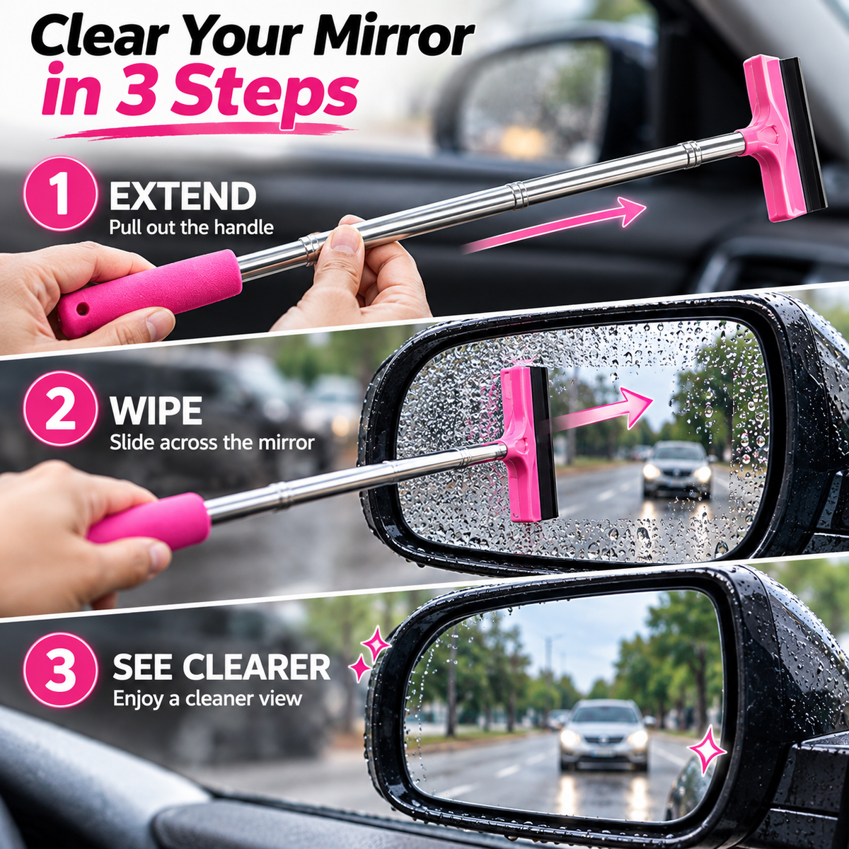 Telescopic Car Side Mirror Wiper Extendable Rain Water Squeegee