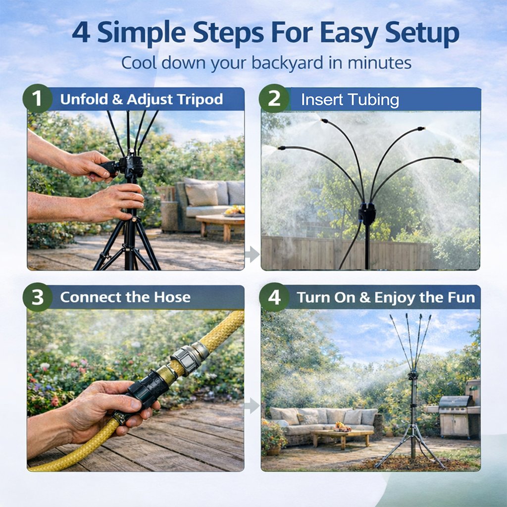 Portable Misting System: Drop your patio temperature by 20 F instantly without using a single watt of electricity