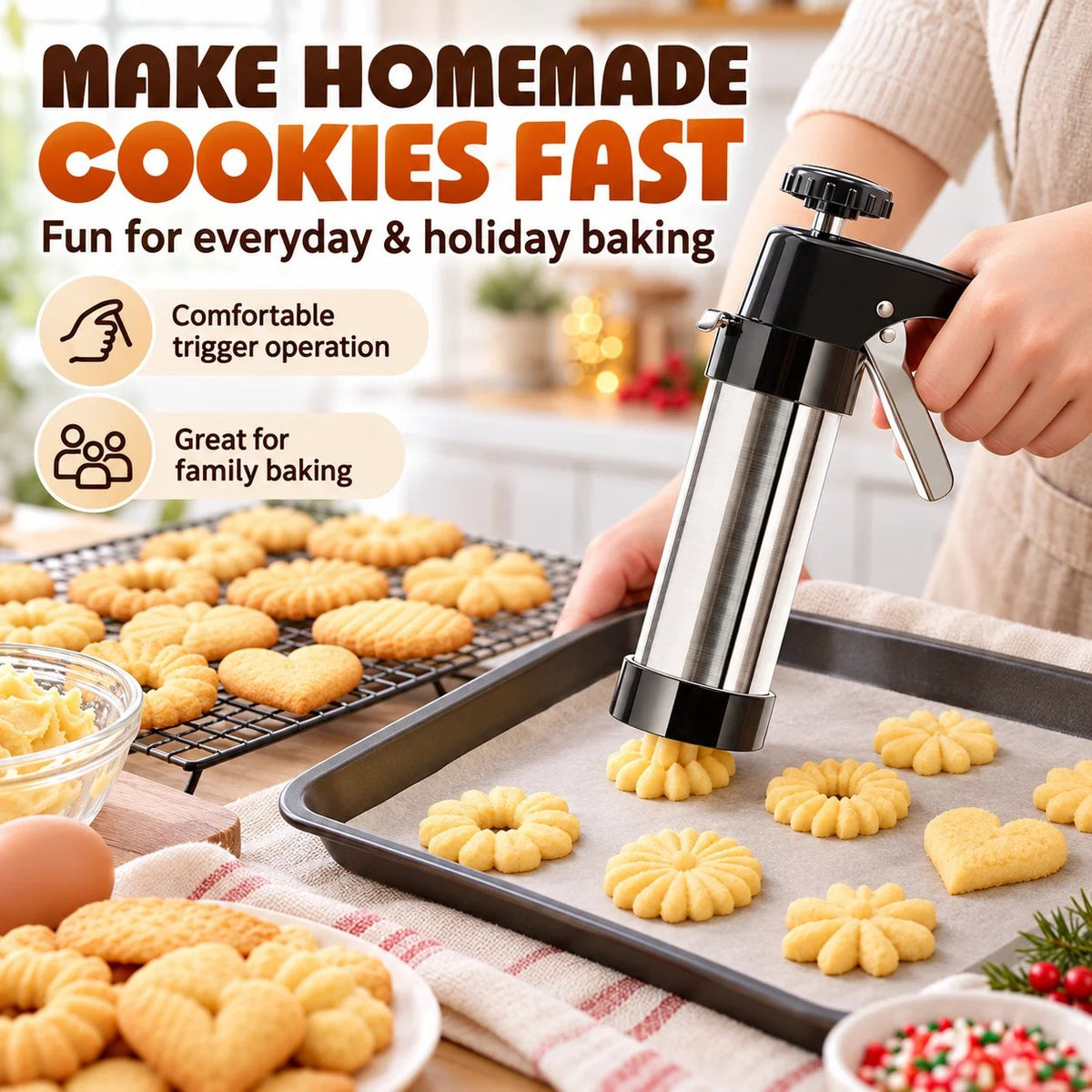 Stainless Steel Cookie Press & Decorating Kit | 13 Cookie Discs + 8 Icing Tips for Cookies, Cupcakes & Cakes