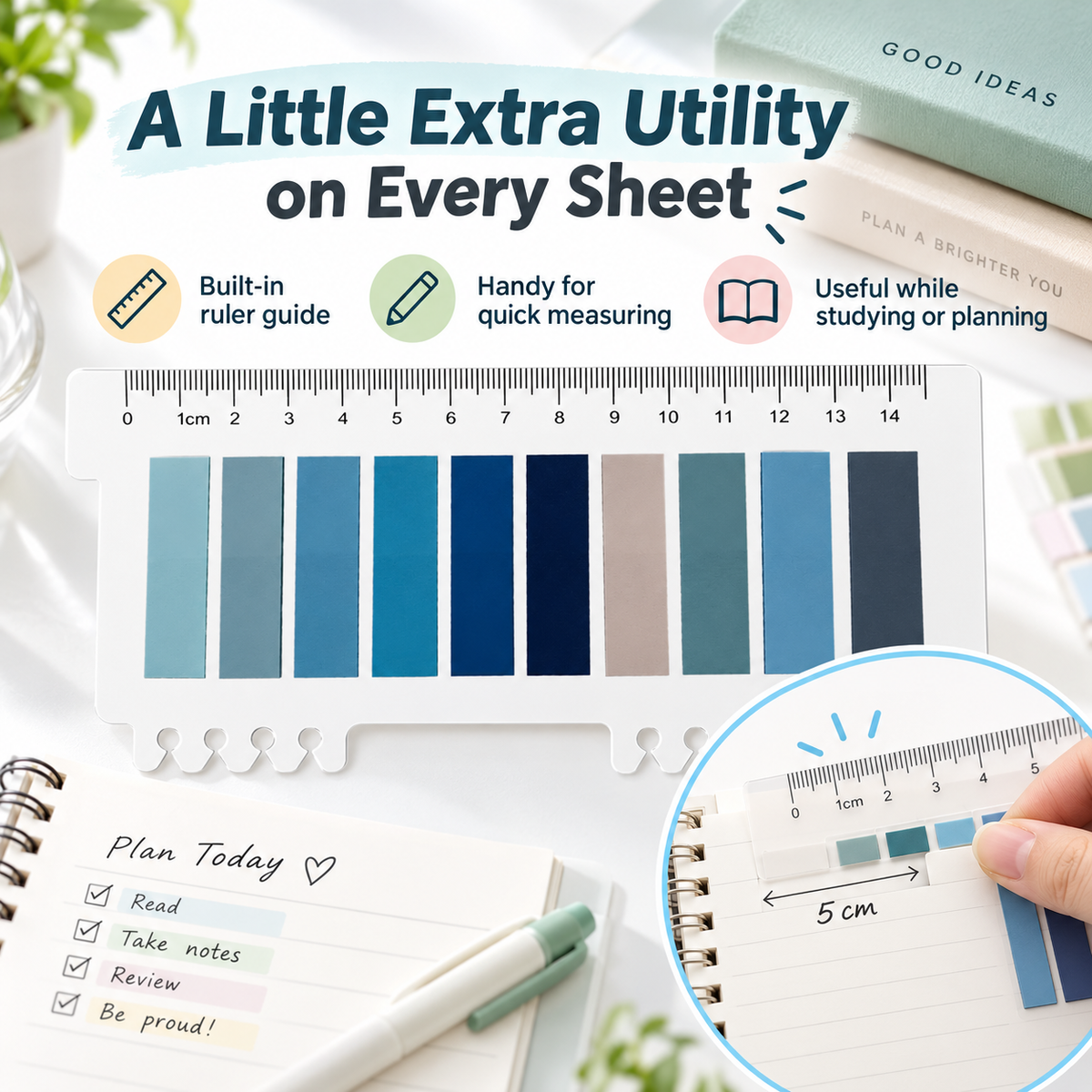 Writable Color-Coded Sticky Tabs Page Markers with Built-In Ruler for Study, Planning & Organization