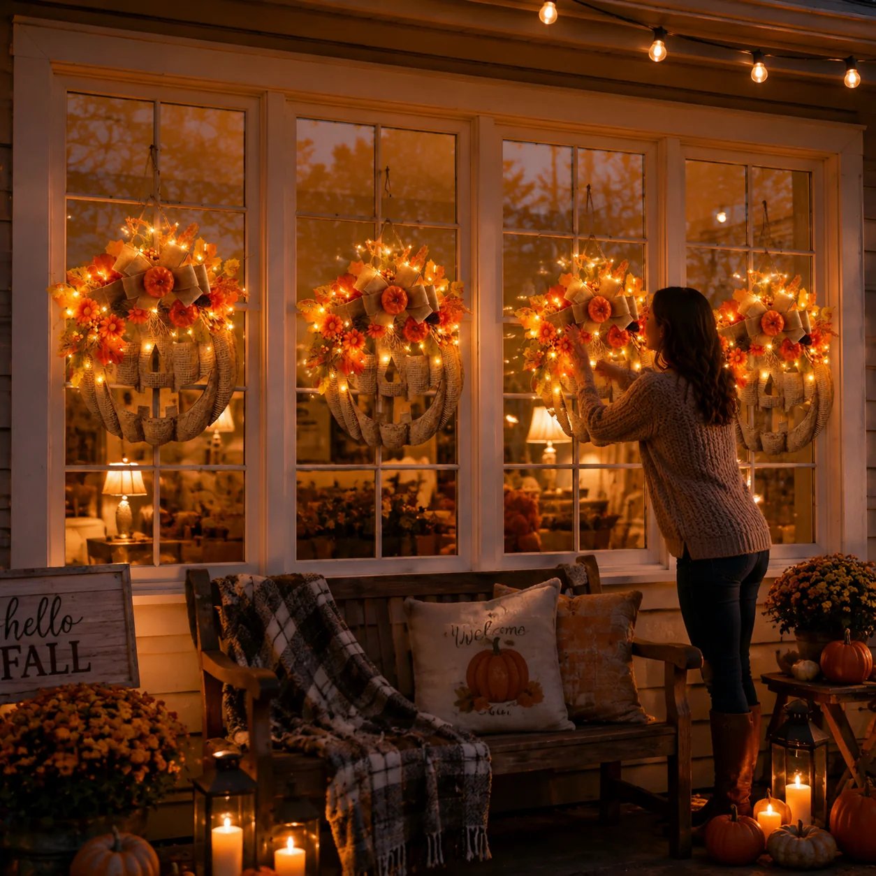 Lighted Burlap Pumpkin Wreath
