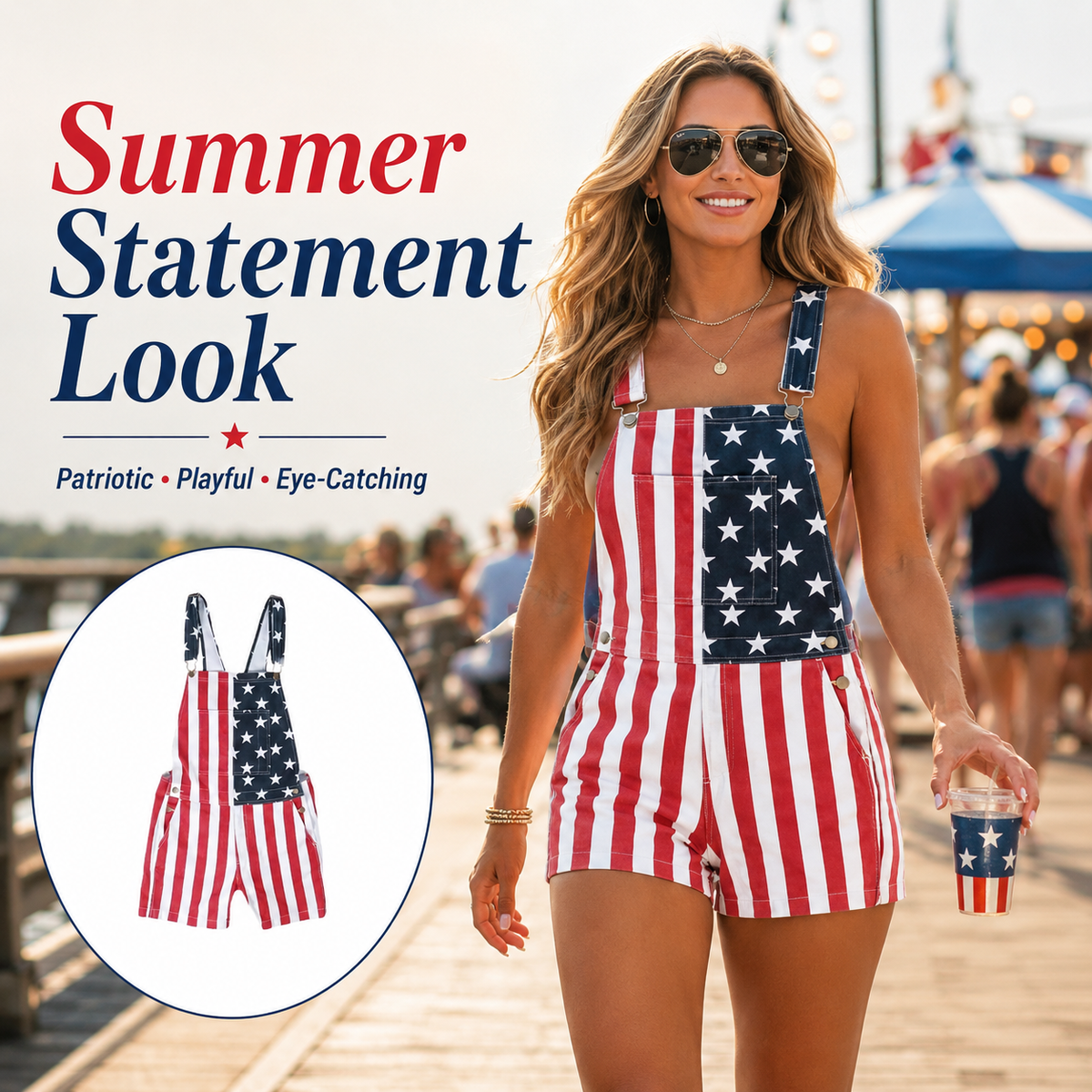 Men's and Women's American Flag Denim Overalls Stretch Shorts, Patriotic