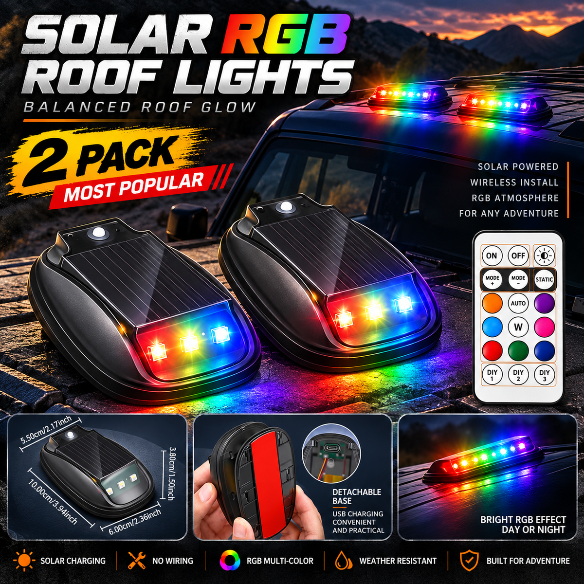 Solar RGB Roof Lights with Wireless Remote, Waterproof Design & Easy Install