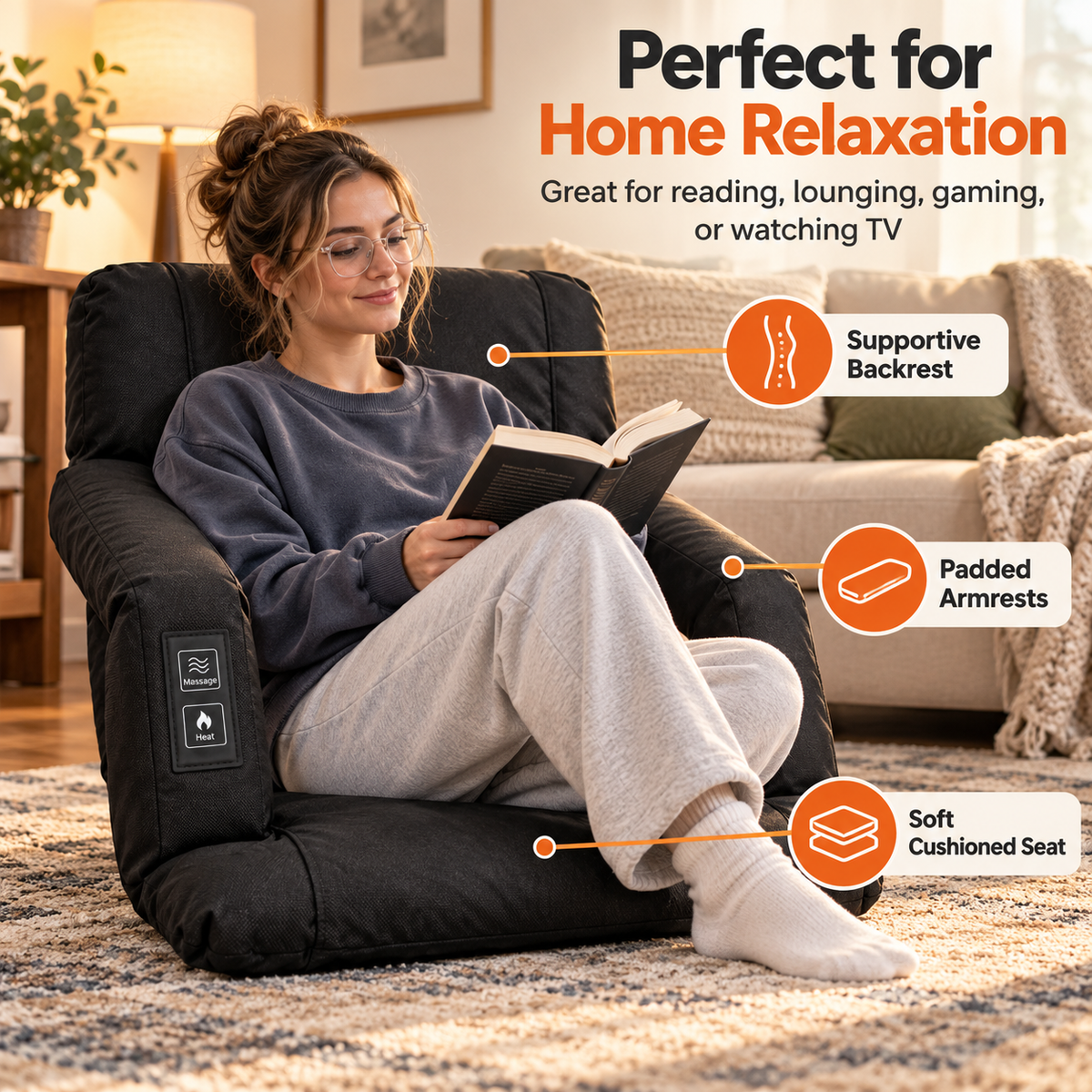 Heated Massage Floor Chair | Foldable Portable Lounge Seat