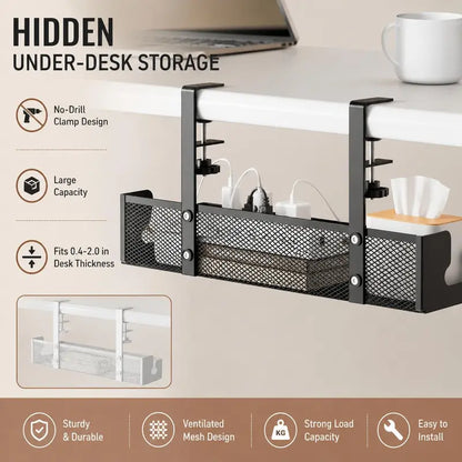 No-Drill Under Desk Cable Organizer Hide Cables & Power Strips for a Cleaner Workspace