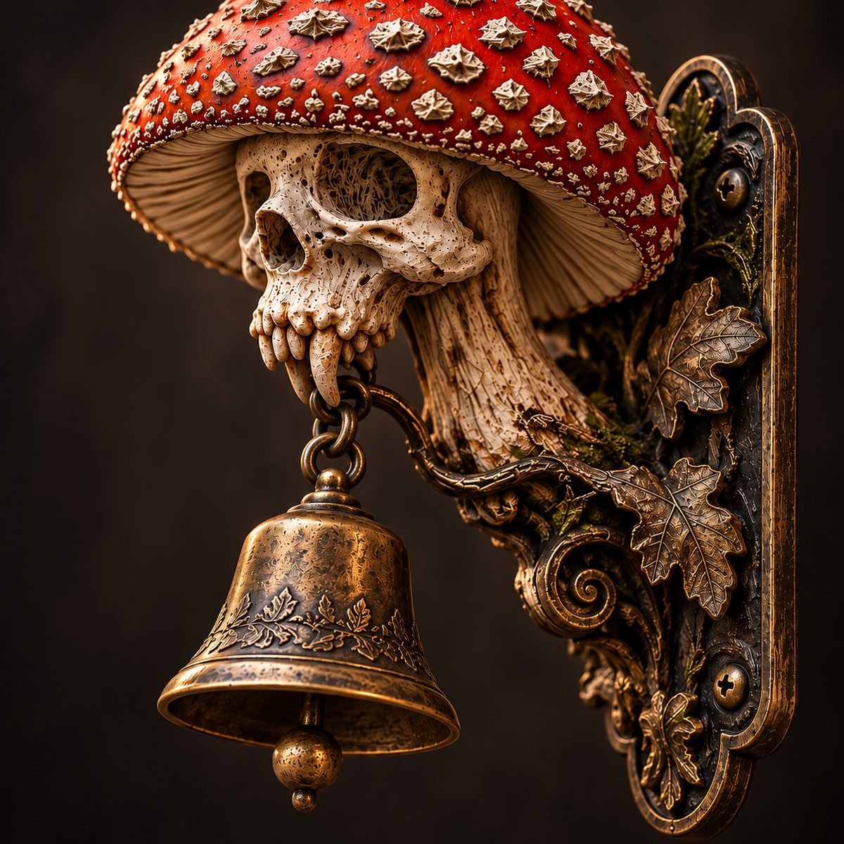 Skullcap Guardian Gothic Mushroom Skull Door Bell with Vintage Bronze Chime