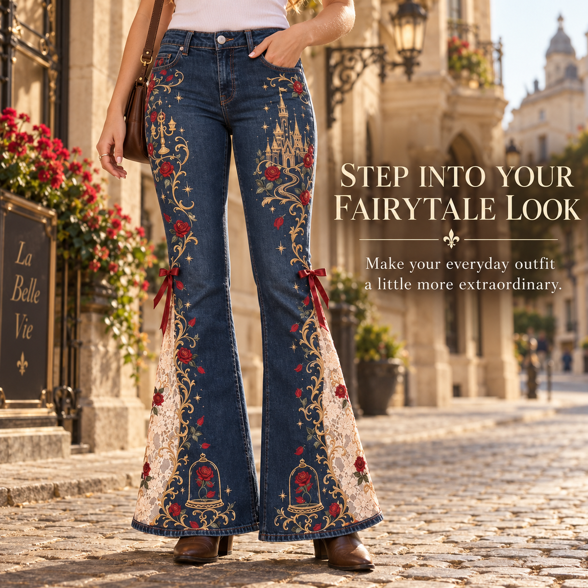 Enchanted Rose High-Waisted Lace Panel Flare Jeans