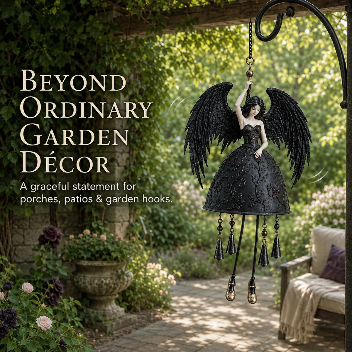 Dark Angel Gothic Wind Chime Black-Wing Outdoor Garden, Porch & Patio Decor