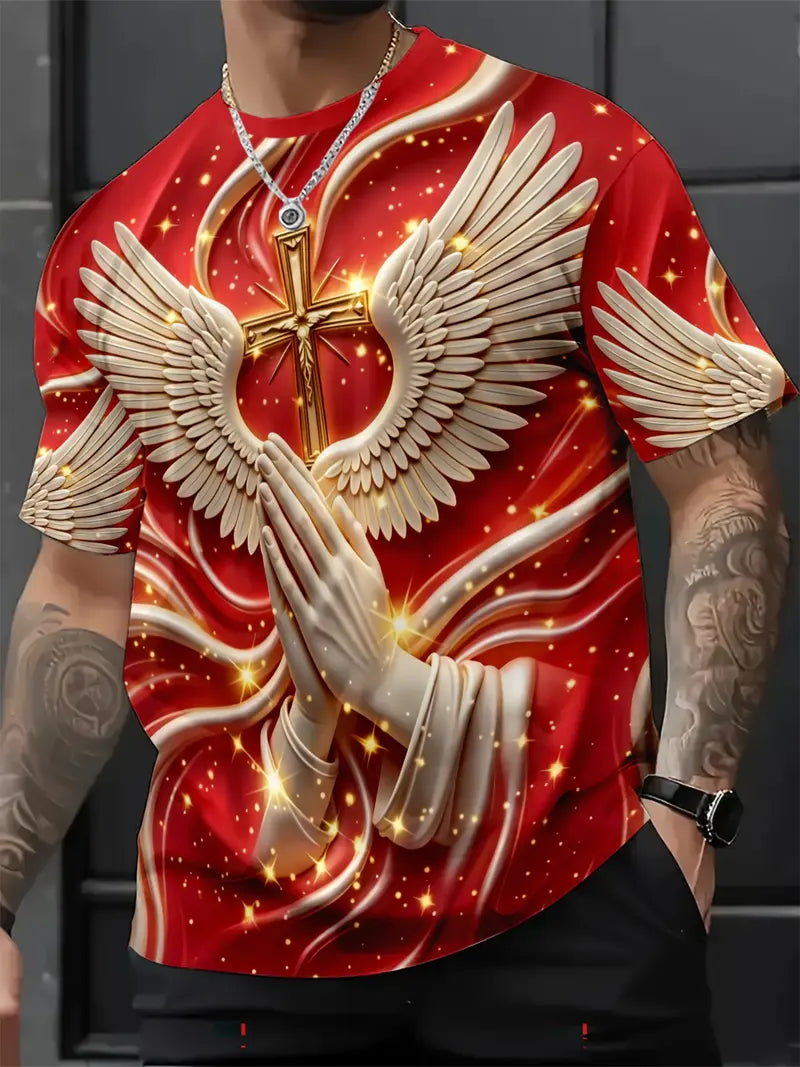 Men's Religious Angel Wings Cross 3D T-Shirt | Faith-Inspired Short Sleeve Summer Tee
