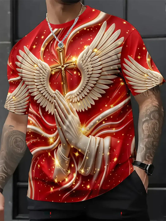 Men's Religious Angel Wings Cross 3D T-Shirt | Faith-Inspired Short Sleeve Summer Tee
