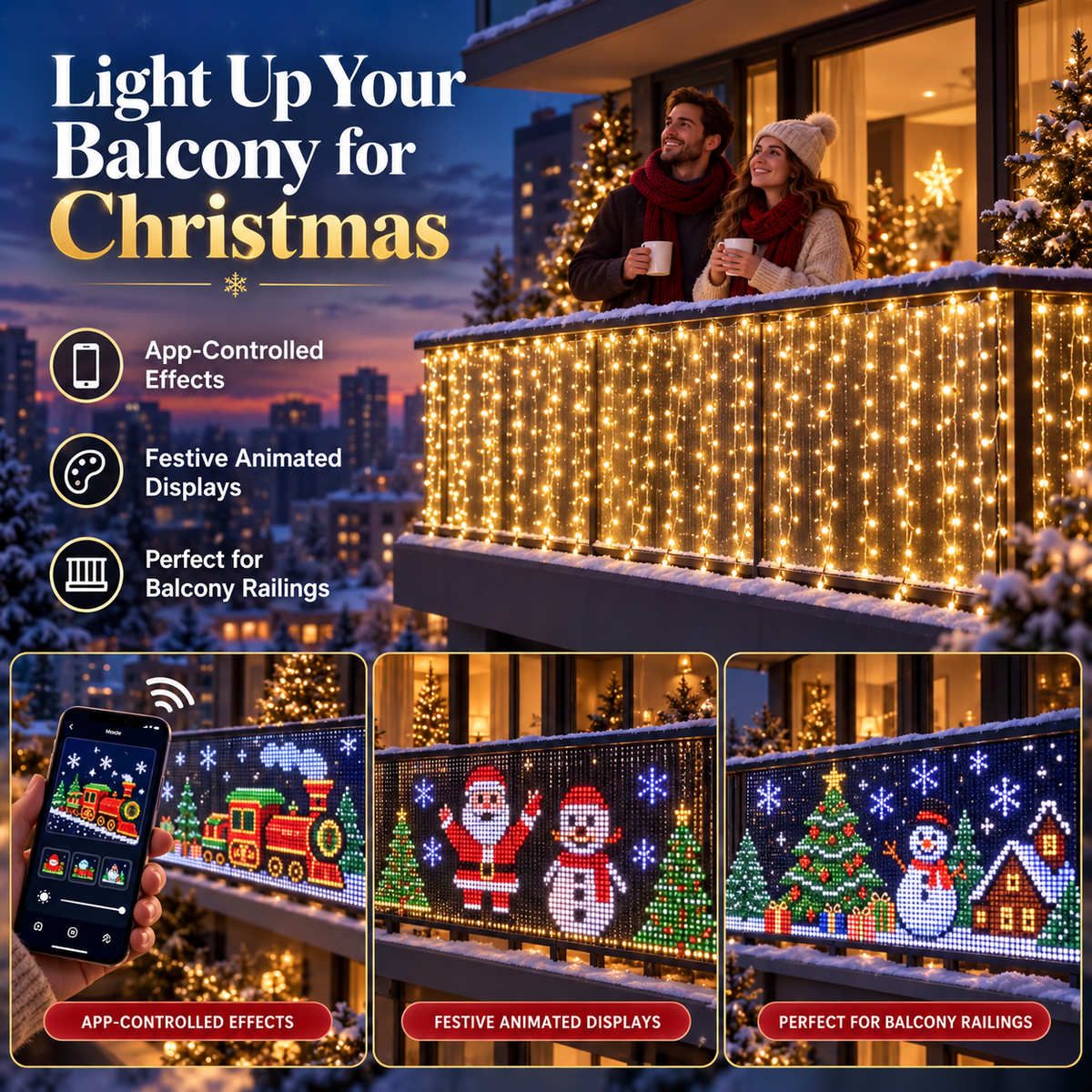 RGB Pixel Smart Curtain Lights | App Controlled Animated Holiday Lights for Window & Balcony, 2m 1.5m