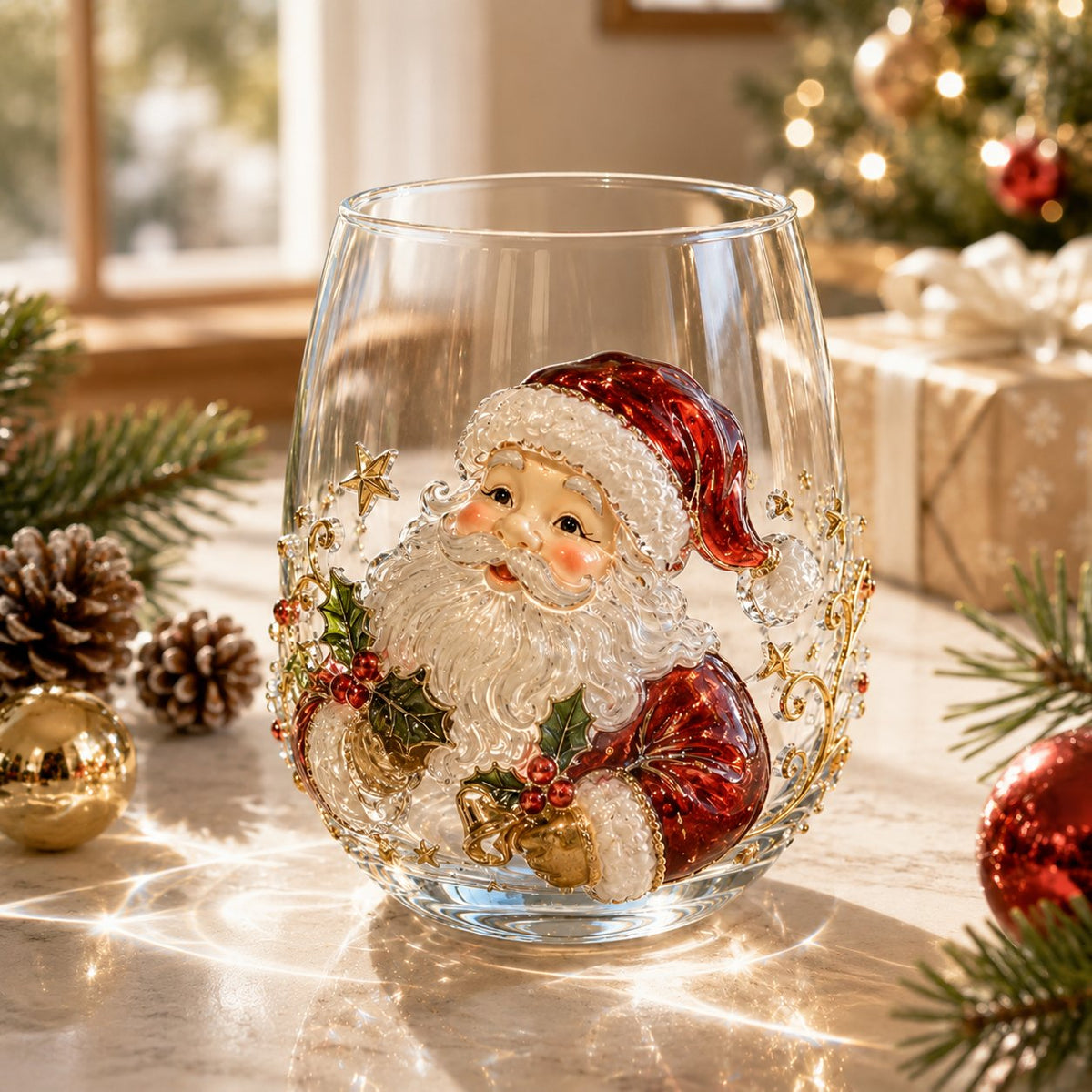Christmas 3D Christmas Glass Art Cup | Luxury Raised Holiday Glassware for Drinks, Decor & Christmas Gifts