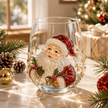 Christmas 3D Christmas Glass Art Cup | Luxury Raised Holiday Glassware for Drinks, Decor & Christmas Gifts